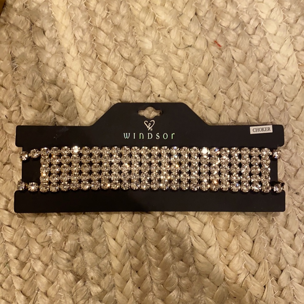 RHINESTONE GOLD TRIM CHOKER NECKLACE